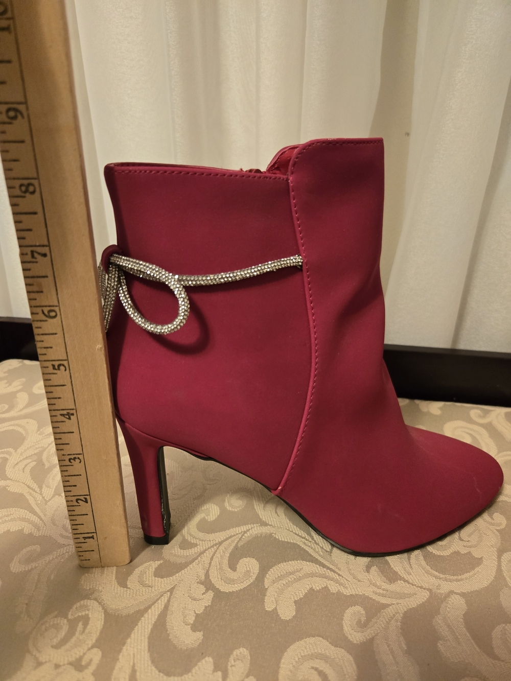 Impo RED High Heel Ankle Boot with Rhinestone Bow Accent